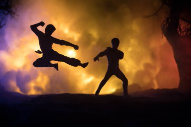 Yanan Orman 'da karate sporcuları gece dövüşü sahnesi. Karakter karatesi. Sanatçı figürü dekorasyonu. Spor konsepti. Işıkla süslenmiş sisli bir arka plan. Seçici odak