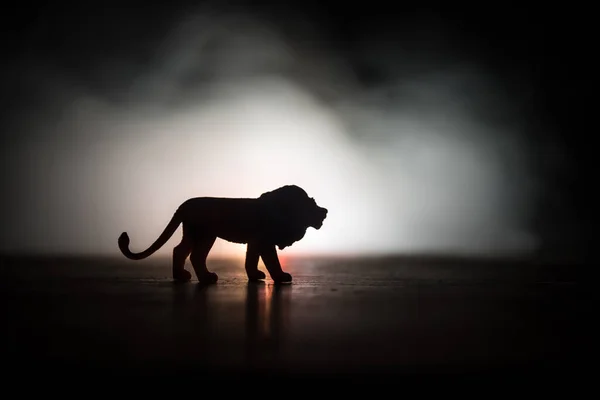 Silhouette Lion Miniature Standing Wooden Table Creative Decoration Colorful Backlight — Stock Photo, Image