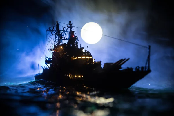 Концепция Войны Сцена Ночной Битвы Море Драматический Эффект Луны Силуэт — стоковое фото