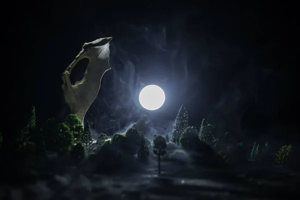 Abstract Surreal Concept Giant Animal Bone Dark Forest Moonlight Night — Stock Photo, Image