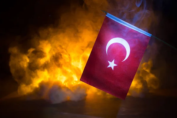 Turkey Small Flag Burning Dark Background Concept Crisis War Political — Stock Photo, Image