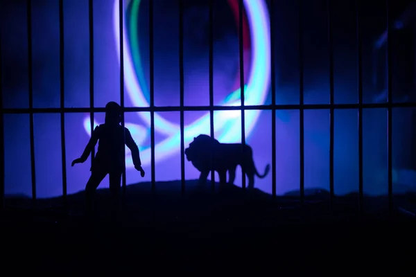 Silhouette Lion Miniature Debout Dans Une Cage Zoo Avec Homme — Photo