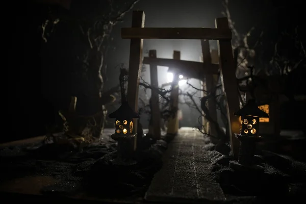 Decoração Arte Criativa Túnel Madeira Estilo Japonês Abstrato Noite Cena — Fotografia de Stock