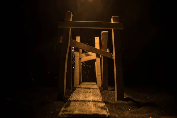 Dekoracja Dzieł Sztuki Streszczenie Japoński Styl Drewniany Tunel Nocy Nocna — Zdjęcie stockowe