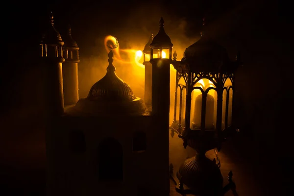 Ornamental Arabic Lantern Burning Candle Glowing Night Realistic Mosque Miniature — Stock Photo, Image