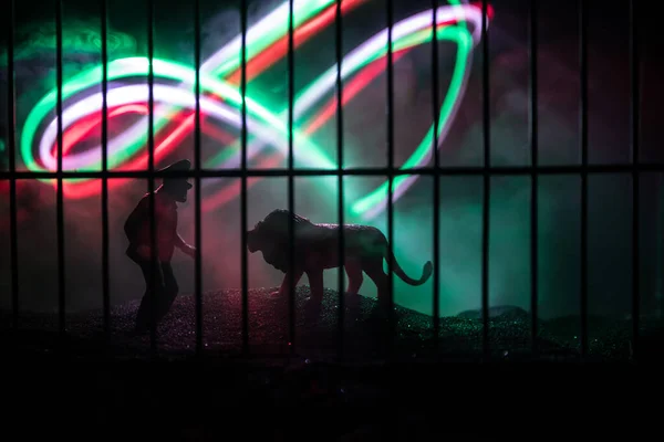 動物園の檻の中にライオンのミニチュアのシルエットを攻撃する準備ができて怖い男と 霧とカラフルなバックライトと創造的な装飾 選択的焦点 — ストック写真