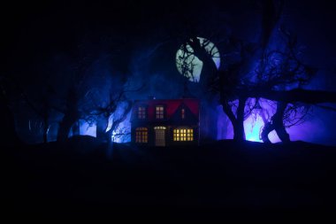 Geceleri ormanda bir hayaletin olduğu eski bir ev ya da sis içinde terk edilmiş bir korku evi. Ölü ağaç ormanındaki eski mistik bina. Geceleri aylı ağaçlar. Gerçeküstü ışıklar. Korku Cadılar Bayramı konsepti