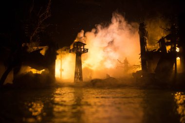Nükleer savaş kıyameti konsepti. Şehirde nükleer bomba patlaması oldu. Şehir atom savaşıyla yok edildi. Karanlıkta yaratıcı sanat dekorasyonu. Seçici odak