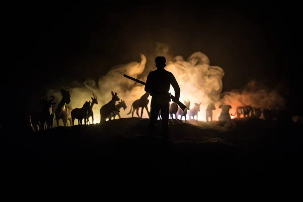 Animal Protection Hunting Concept Silhouette Man Hunter Rifle Standing Group — Stock Photo, Image