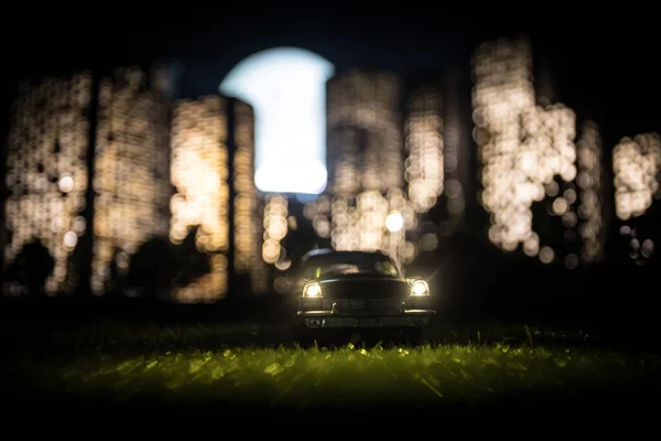 Cartoon Stijl Stadsgebouwen Realistische Stad Gebouw Miniaturen Met Verlichting Auto — Stockfoto