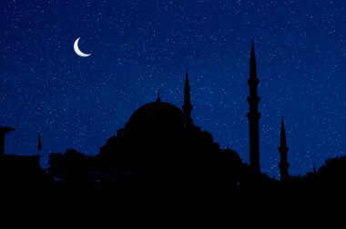 İstanbul 'da alacakaranlıkta dolunay altında Ayasofya' da gece ışıkları. Uzun pozlu çekim.
