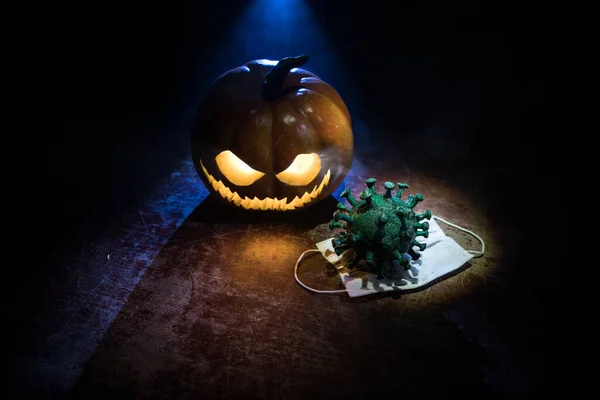 Halloween Corona Virus Global Pandemic Concept Glowing Pumpkins Covid Novel — Stock Photo, Image