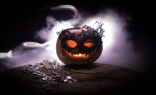 Halloween Pumpkin Smile Scary Eyes Party Night Close View Scary — Stock Photo, Image