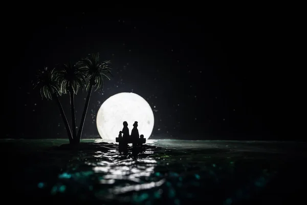 Scena Notturna Romantica Fantasy Paesaggio Notturno Con Isoletta Con Palme — Foto Stock