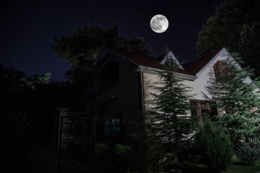 Geceleri ormanda bir hayaletin olduğu eski bir ev ya da sis içinde terk edilmiş bir korku evi. Ölü ağaç ormanındaki eski mistik bina. Geceleri aylı ağaçlar. Gerçeküstü ışıklar. Korku Cadılar Bayramı konsepti