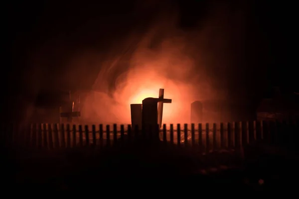 Vista Dell Orrore Della Miniatura Del Cimitero Notte Concetto Halloween — Foto Stock