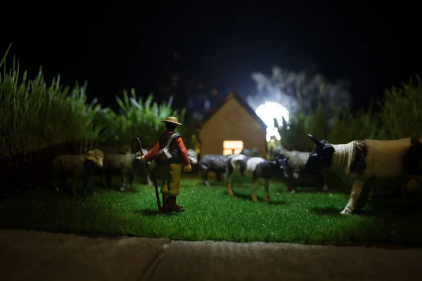 Troupeau Vaches Dans Ferme Concept Vie Agricole Village Figurines Jouets — Photo