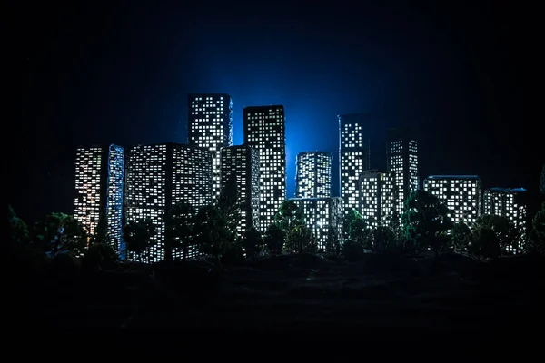 Cartoon Style City Buildings Realistic City Building Miniatures Lights Background — Stock Photo, Image