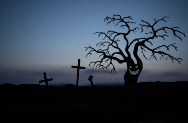 Silueta Nějaké Zombie Hřbitově Procházky Kolem Při Západu Slunce Silueta — Stock fotografie