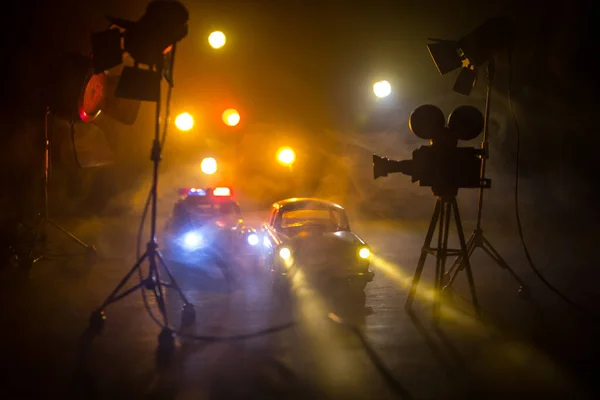 Action Movie Concept Police Cars Miniature Movie Set Dark Toned — Stock Photo, Image