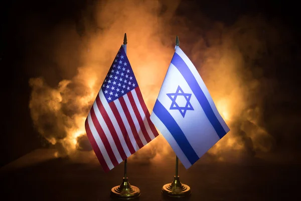 Israel Usa Small Flags Burning Dark Background Concept Crisis War — Stock Photo, Image