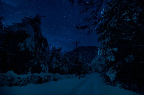 Mountain Road through the snowy forest on a full moon night. Scenic night winter landscape of dark blue sky with moon and stars. Azerbaijan