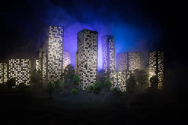 Kreskówkowe Budynki Stylu Miasta Realistyczne Miniatury Budynków Miejskich Światłami Tło — Zdjęcie stockowe