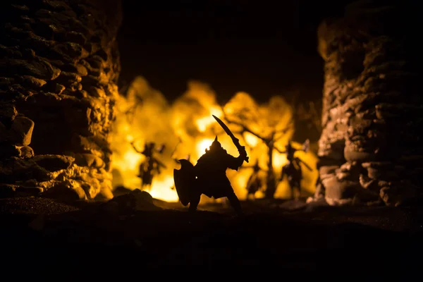 Cena Batalha Medieval Com Cavalaria Infantaria Silhuetas Figuras Como Objetos — Fotografia de Stock