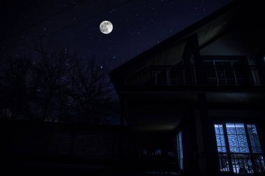 Sisli bir gecede ormanda bir hayaletin olduğu eski bir ev ya da House 'un ayın altında olduğu bir gece sahnesi. Ölü ağaç ormanındaki eski mistik bina..