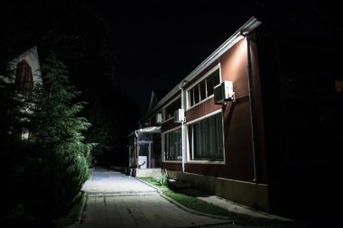 Geceleri ormanda bir hayaletin olduğu eski bir ev ya da sis içinde terk edilmiş bir korku evi. Ölü ağaç ormanındaki eski mistik bina. Geceleri aylı ağaçlar. Gerçeküstü ışıklar. Korku Cadılar Bayramı konsepti