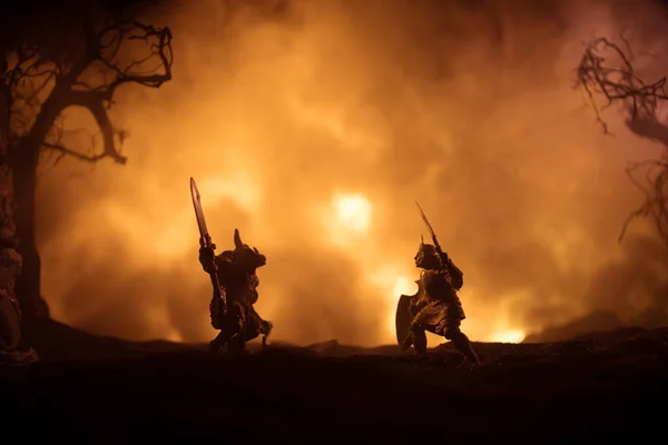 Escena Batalla Medieval Con Caballería Infantería Siluetas Figuras Como Objetos — Foto de Stock