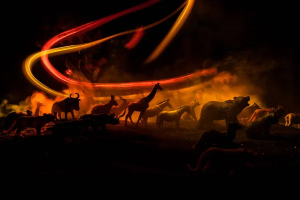 Grupa Zwierząt Jest Zgrupowana Mglistą Noc Palącym Się Kolorowym Tłem — Zdjęcie stockowe