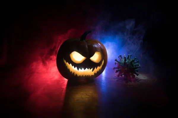 Halloween Corona Virus Global Pandemic Concept Glowing Pumpkins Covid Novel — Stock Photo, Image