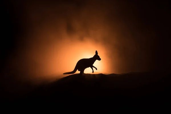 Silhouette Einer Känguru Miniatur Die Nebliger Nacht Steht Kreative Tischdekoration — Stockfoto