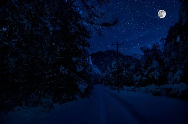 Mountain Road through the snowy forest on a full moon night. Scenic night winter landscape of dark blue sky with moon and stars. Azerbaijan