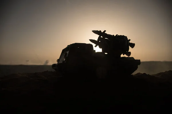 War Concept Battle Scene Rocket Launcher Aimed Gloomy Sky Sunset — Stock Photo, Image