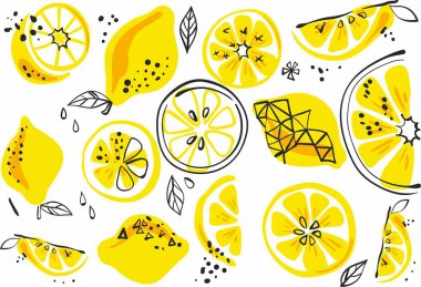 Limon ve limonlu vektör çizimi, limon deseni, limon arkaplan, ekşi tatlı meyve, soyut illüstrasyon
