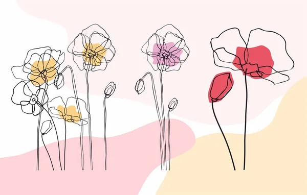 Flowers Vector Illustration Abstract One Line Drawing Modern Art Doodle — ストックベクタ
