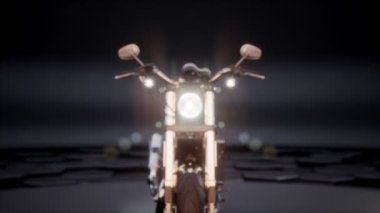 Karanlık bir stüdyoda üç boyutlu bir motosiklet modeli.