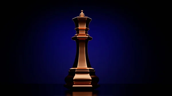 Altın satranç kraliçesi siyah arka planda duruyor, mavi ışık tek parça