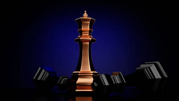 Altın satranç kraliçesi siyah arka planda duruyor, mavi ışık tek parça