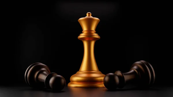 Altın satranç kraliçesi siyah arka planda duruyor, mavi ışık tek parça