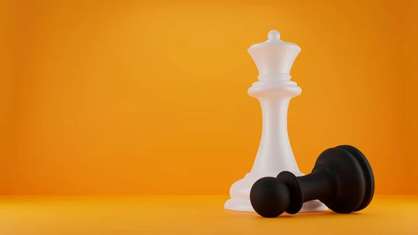 Siyah beyaz satranç taşı kraliçesi sarı arka planda bir piyon kesti.