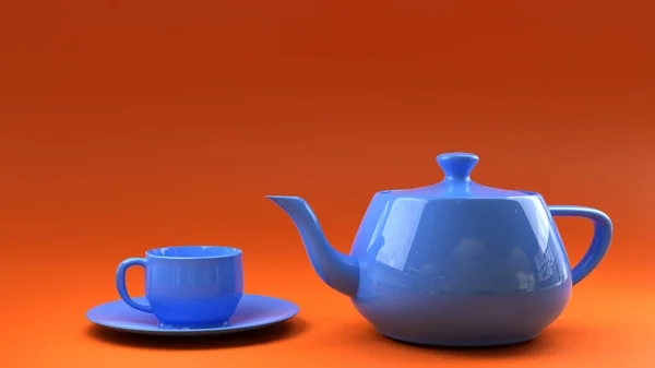 Bir çaydanlığın, turuncu arka planda fincanı olan 3D çizimi