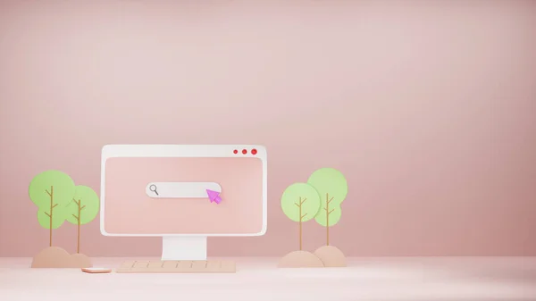 Pembe arka planda arama çubuğu web sayfası. Web arama kavramında en az arama. 3d oluşturma