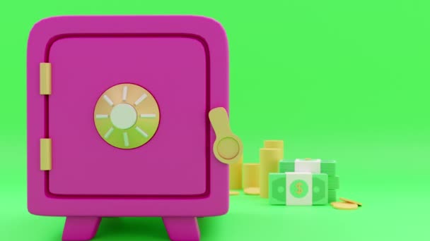 3d visualisatie van een kluis met munten en stapels contant geld dollars — Stockvideo