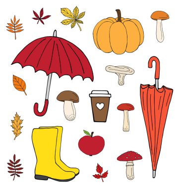 Renkli el çizimi vektör paketi beyaz arkaplanda izole edilmiş sonbahar elementlerini çiz