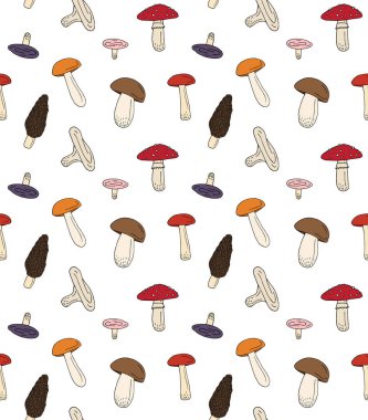 Farklı renk el çizimlerinin vektörsüz deseni beyaz arkaplanda izole edilmiş karalama mantarı.