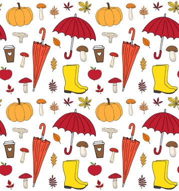 Renkli el çiziminin vektörsüz deseni beyaz arkaplanda izole edilmiş sonbahar elementlerini çiz