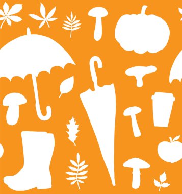 Beyaz elin vektörsüz deseni turuncu arkaplanda izole edilmiş güz elementleri silueti çizer